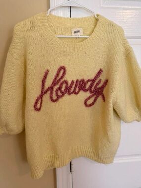 BiBi Cream Fuzzy Knit Sweater with Pink 'Howdy' Script